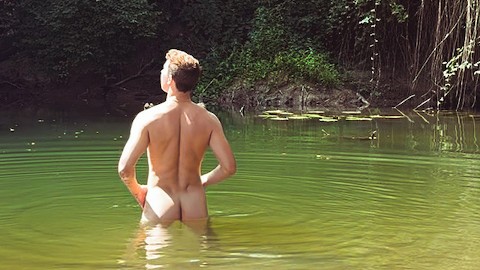 Jerking off after swimming naked in the river