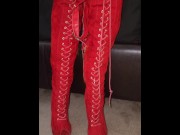 Preview 6 of Big ol' Red Thigh High Boots fucked and masturbated on