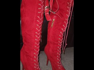 red thigh high boots, vertical video, masturbation, cumshot