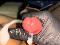 Handjob with black latex glove