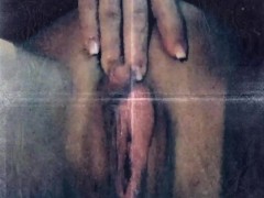 Playing with my big clit and juicy pussy in public hoping not to get caught