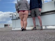Preview 2 of Mother in law spreads her legs wide to pee in the parking lot and hold my cock when I pee