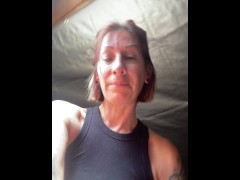See hot milf pissing pussy squatting on a chair in shed