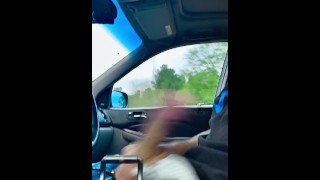 Stroking and slapping cock while driving