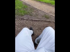 Giving a dog walker an eye full of my trackie bulge - public exhibitionist - visible penis line