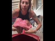Preview 5 of Sexy milf pissing pussy trying to catch it in a water can drip drip