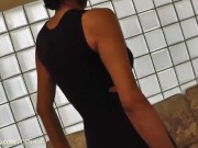 Preview 4 of Short-haired ladyboy in black dress strips on sofa and jerks off