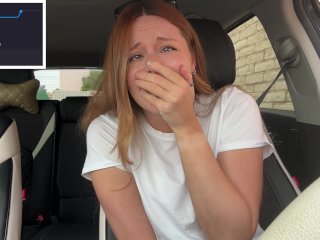 in the car, red head, orgasm, small tits