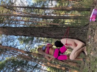 Domina Evgenia - a Slave Tied to a Tree Sucking my Strapon and Eating my Ashes