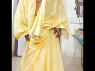 Desi Indian Sissy Shemale Wore Saree and Strip Tease like a Slut Hotwife to her Husband and Boyfrien