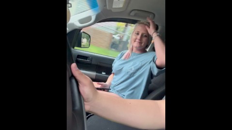 Shy girl gives blowjob on the car while during on a public road till he cum. Road head