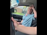 Shy girl gives blowjob on the car while during on a public road till he cum. Road head