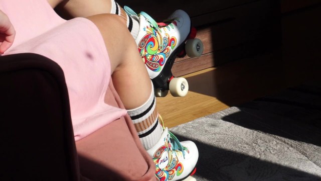 Playing with my 19yo Pussy while Wearing Roller Skates and Skirt