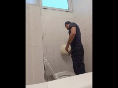 camera in the bathroom of a well-known company, man pisses with his Italian cock