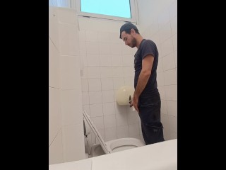 Camera in the Bathroom of a Well-known Company, Man Pisses with his Italian Cock