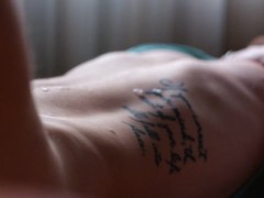 Cumshot on stomach in front of open window