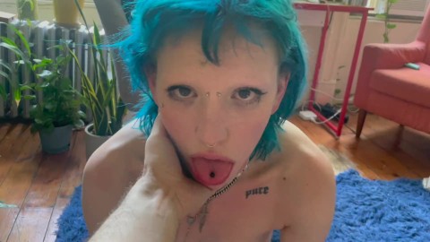 Blue Hair Alt Babe Chokes on Big Dick and Eats Cum- Eye Contact POV