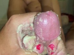 Baked a cake just rub on my cock with her feet until I cum
