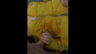 Fuck in sexy downjacket full of sperm