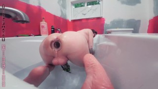 Bath Time With Her Girl And An XL Glass Butt Plug Gapped In Sissy Fashion