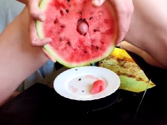 tgirl fucks 🍉 watermelon 🤩 passionate and power fucking, cum on food 😋 HD porn