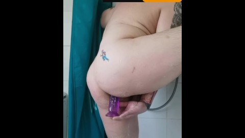 Anal dildo in the shower to relax my manhole after a workout