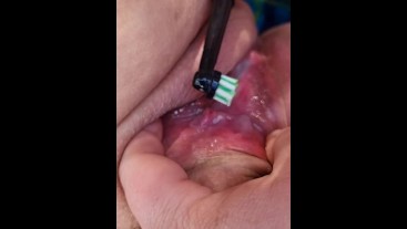 Chubby Hubby use cum as lub outdoor with toothbrush on his bbw wife