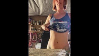 Super hot milf pissing on counter top of shed
