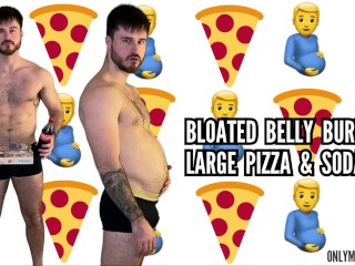 大きなピザとソーダをげっぷする大きな腹