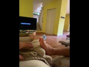 Preview 2 of My straight friend doesn't care if i rub my Big Cock on his Foot while i have a boner in my shorts