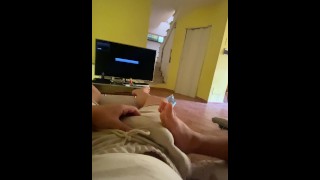 My Straight Friend Doesn't Mind If I Rub My Big Cock On His Foot With A Boner In My Shorts