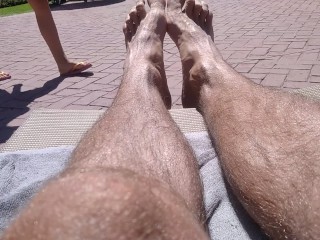 Young Guy Shows you his Feet and Hairy Legs in the Public Pool 😝