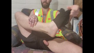 I come home, take my boots off then cum on my shirt after freeballing at work all day