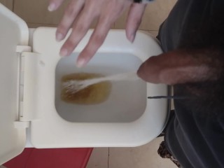 Hairy Cock Man Pissing on already Pissed Toilet