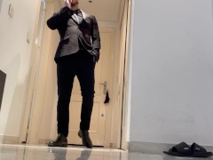 unaware giant businessman body climb & explore