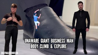 Onbewuste gigantische zakenman lichaam klimmen en verkennen