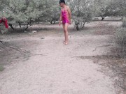 Preview 1 of sexy trans barbie strips naked in public with nice heels and anal plug of very hot slut enjoy her na