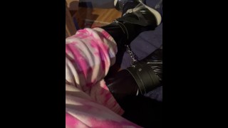 Bound plugged latex slut in Barbie sweats and pumps