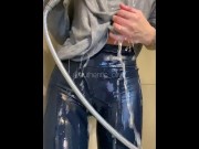 Preview 5 of Girl showers in tight shiny leggings