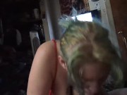 Preview 5 of Sexy blonde milf with tats sucks and plays with my cock!