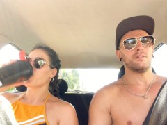 drinking pee in the car, while my stepdad drives and people see me!!
