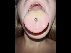 Lila long dirty tongue piercing hocking and spitting loogies showing mouth throat and uvula