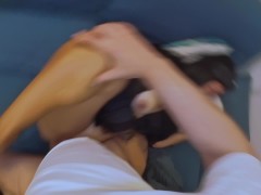 Stepmom comes on the sofa to her stepson to relax, but he starts to stick his dick in her pussy and