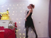 Preview 1 of wild redhead fingering pussy in panties upskirt in stockings & heels topless tease