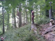 Preview 2 of Standing pissing in a woods in a bunny mask and fishnet