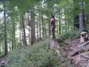 Preview 3 of Standing pissing in a woods in a bunny mask and fishnet