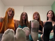 Preview 4 of Group POV Foot Domination Party With Five Goddesses - Sock Smelling, Feet Worship, Trample