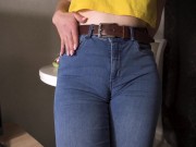 Preview 1 of Sexy Milf Teasing Her Big Cameltoe In Tight Blue Jeans