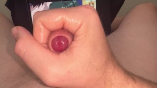 After school, a horny guy jerks off a big cock to hentai and moans sweetly POV