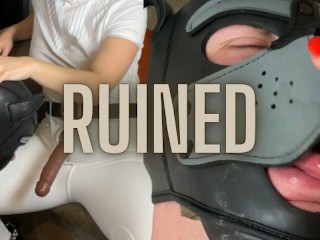 Locked in Chastity Boy Serve his Mistress by Sucking Cock , Ruined in Cage and Clean up Mess